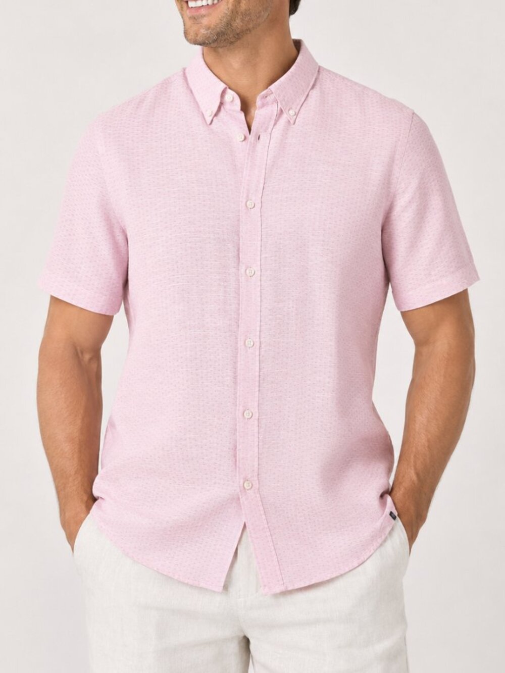 Hugo Boss Linen Blend Button Up Shirt XL Pink Short Sleeve Slim Fit Mens Resort